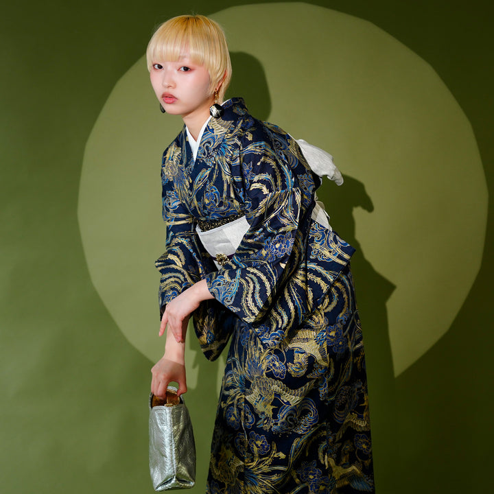 ニコアンティーク 単衣着物 鳳凰 ネイビー】着物 単品 レトロ