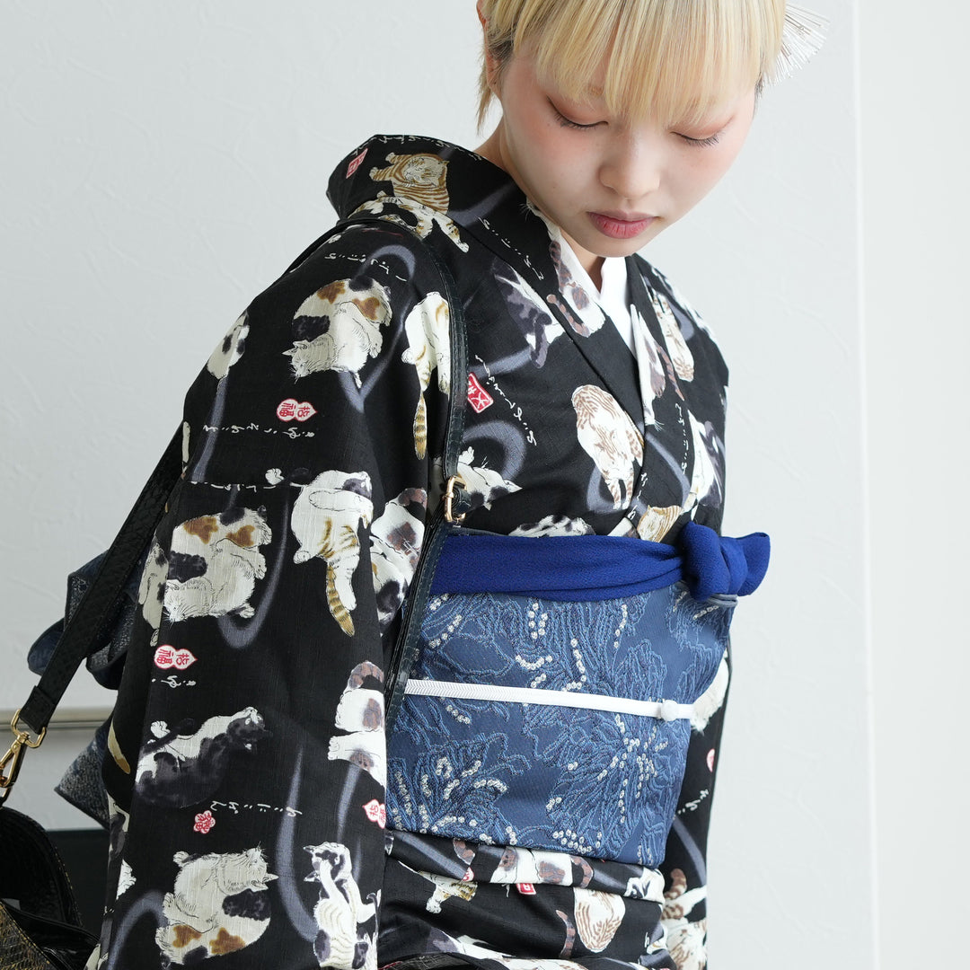 ニコアンティーク 単衣着物 ネコのことわざ クロ】 着物 単品 レトロ