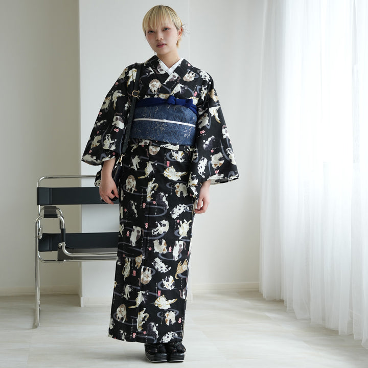 ニコアンティーク 単衣着物 ネコのことわざ クロ】 着物 単品 レトロ