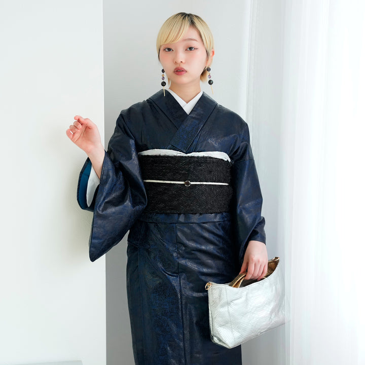 ニコアンティーク 単衣着物 レザー調きもの ネイビー×黒】 着物 単品