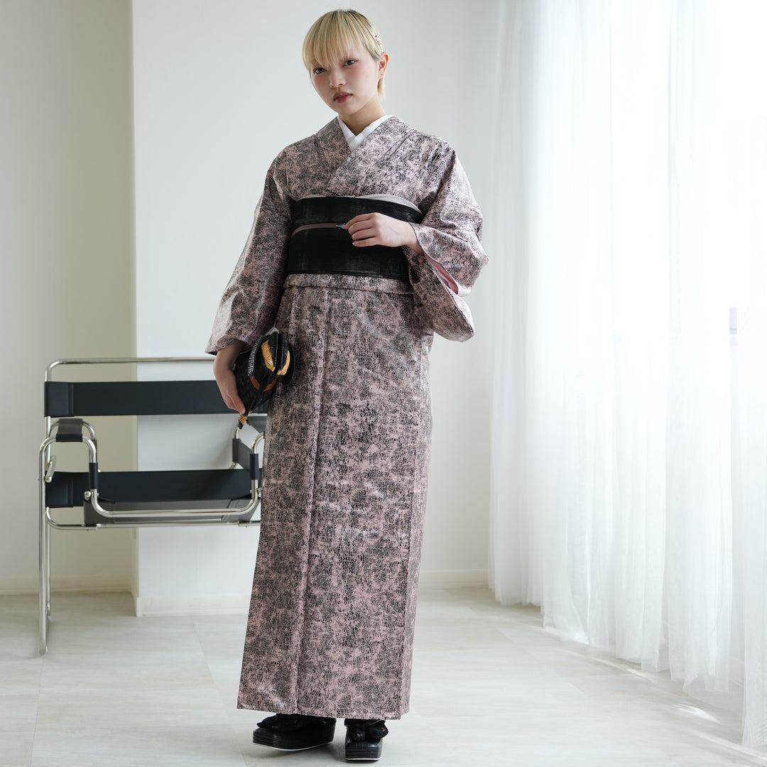 ニコアンティーク 単衣着物 レザー調きもの ピンク×黒】 着物 単品