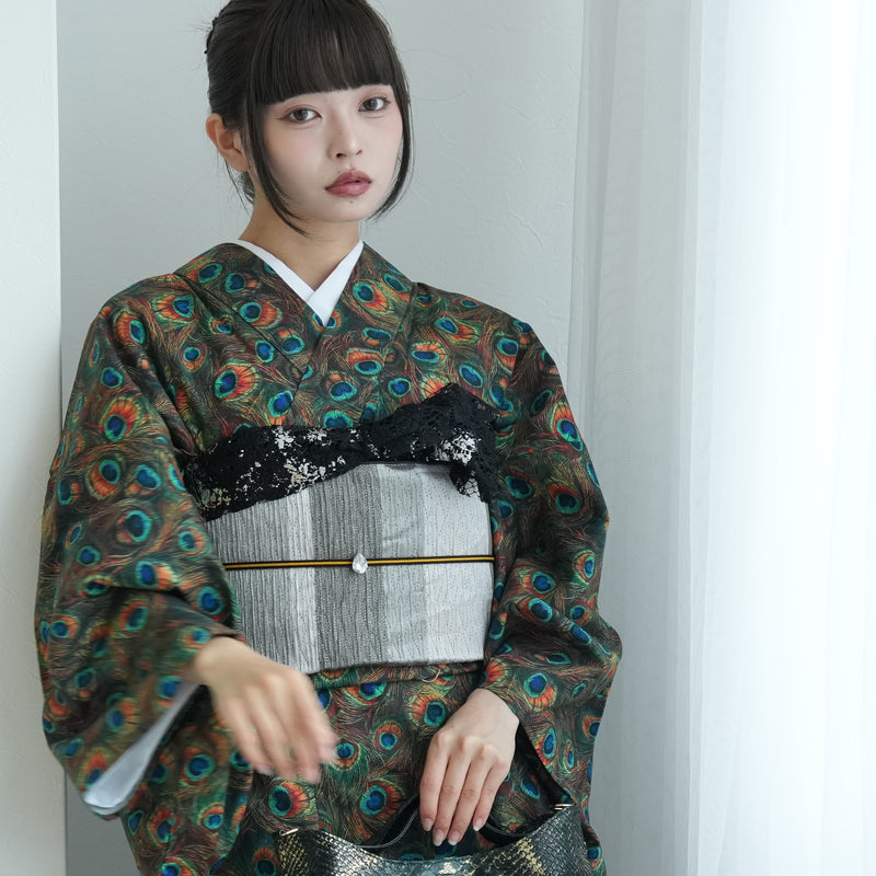 ミニチュア着物　孔雀 菊 ② ニコアンティーク 単衣着物 羽衣孔雀】 着物単品 レトロ ファブリック