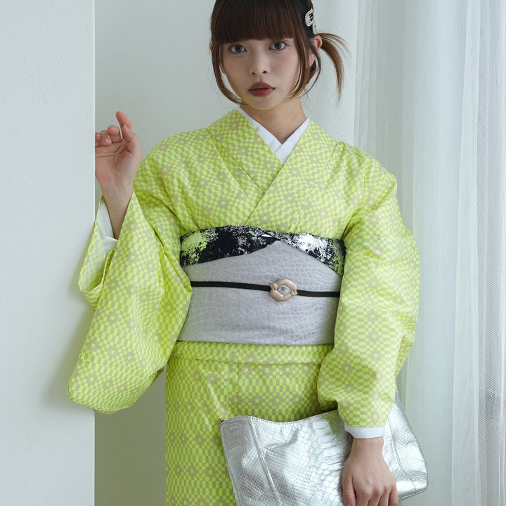 ニコアンティーク 単衣着物 ピクセル・チェック イエロー】着物単品