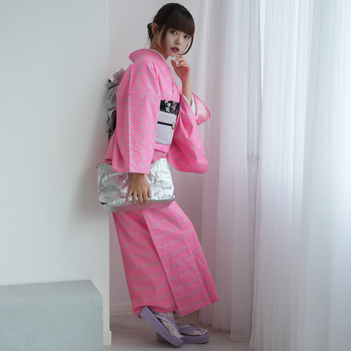 ニコアンティーク 単衣着物 ピクセル・チェック ピンク】着物単品