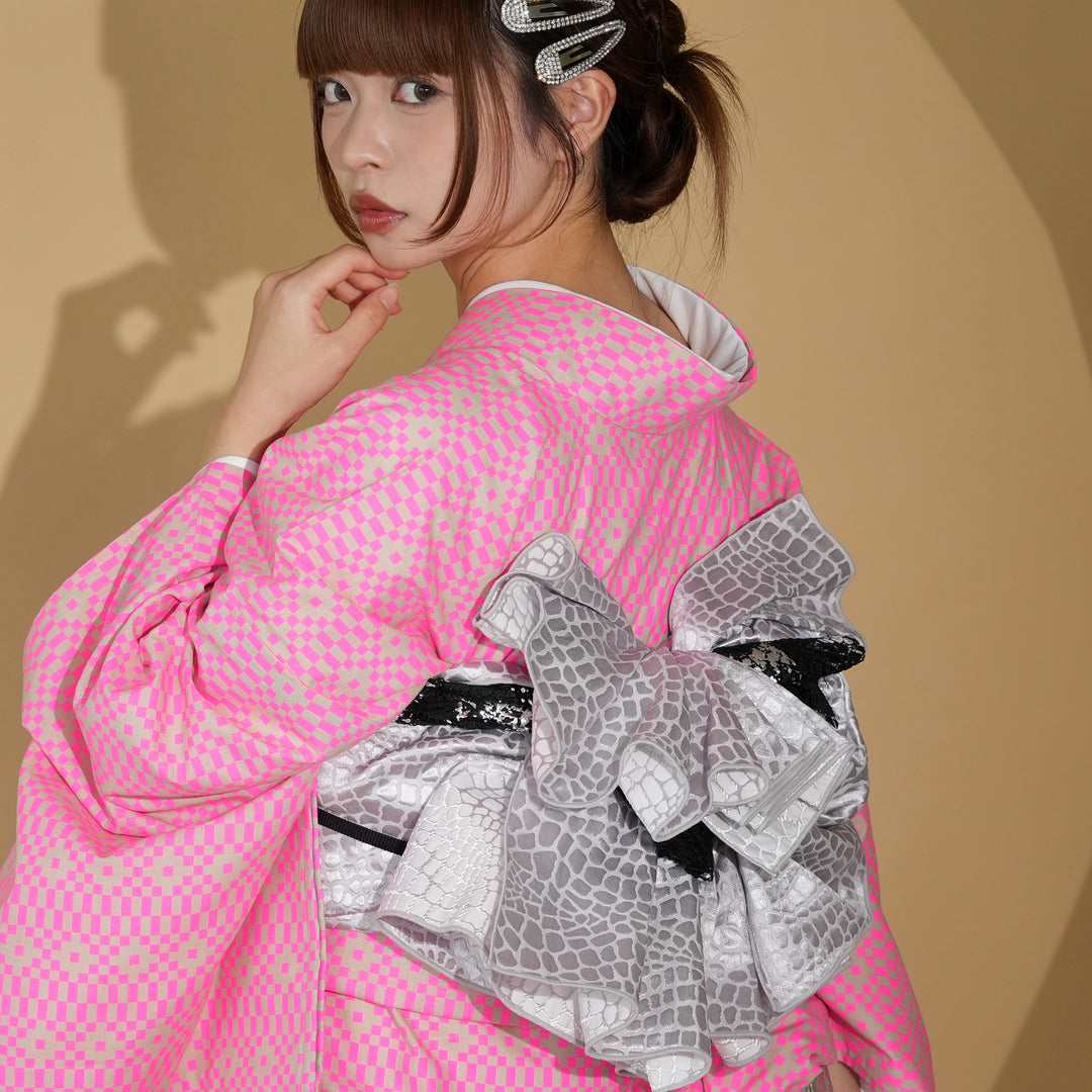 ニコアンティーク 単衣着物 ピクセル・チェック ピンク】着物単品