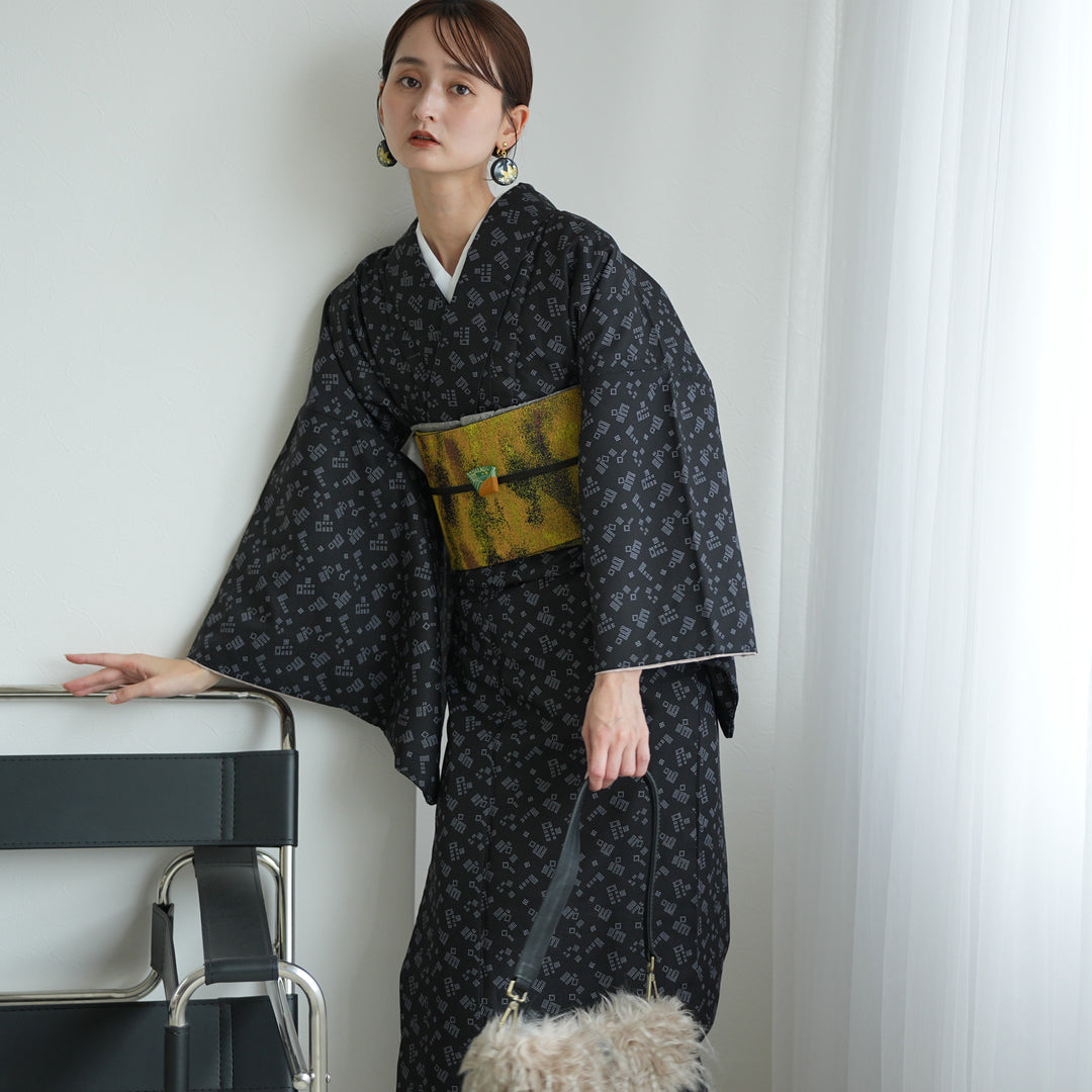 袷着物 黒の源氏香柄】きもの単品 カジュアル着物 Lサイズ