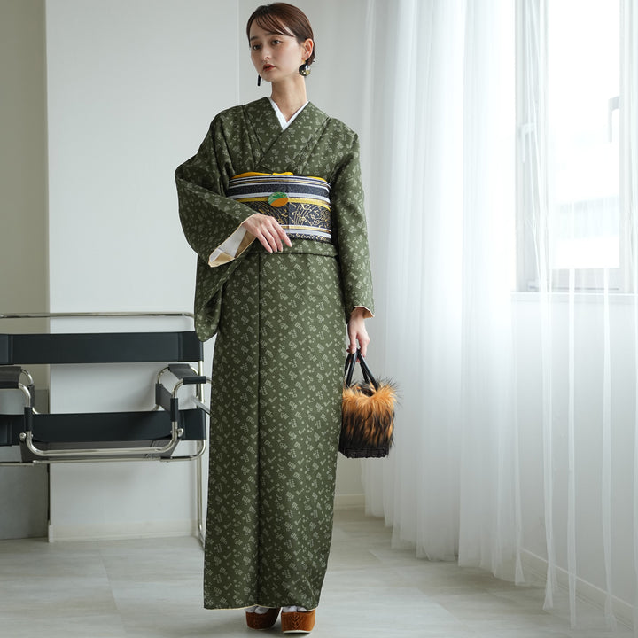 袷着物 緑の源氏香柄】きもの単品 カジュアル着物 Lサイズ