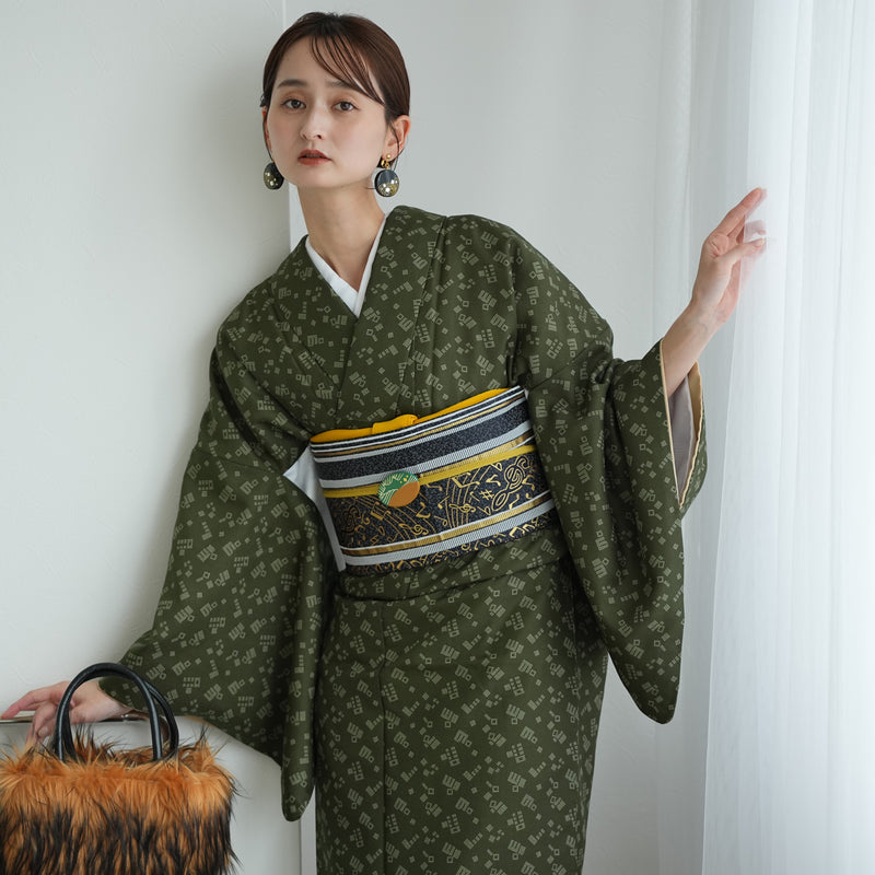 【袷着物　緑の源氏香柄】きもの単品 カジュアル着物 Lサイズ ポリエステル着物 小紋 仕立て上がり（5144607901）