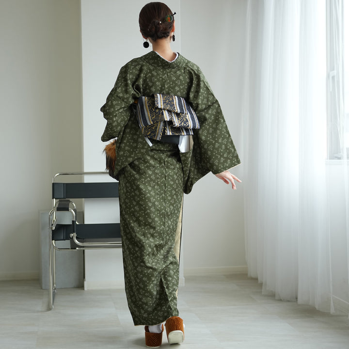 袷着物 緑の源氏香柄】きもの単品 カジュアル着物 Lサイズ