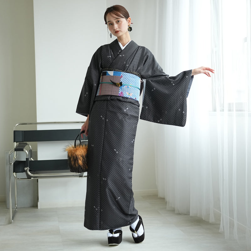 【袷着物　うさぎとかめ小紋・黒】きもの単品 カジュアル着物 Lサイズ ポリエステル着物 小紋 仕立て上がり（5144608001）
