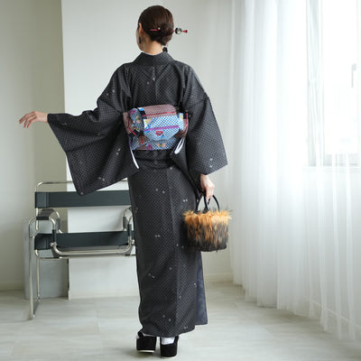 【袷着物　うさぎとかめ小紋・黒】きもの単品 カジュアル着物 Lサイズ ポリエステル着物 小紋 仕立て上がり（5144608001）