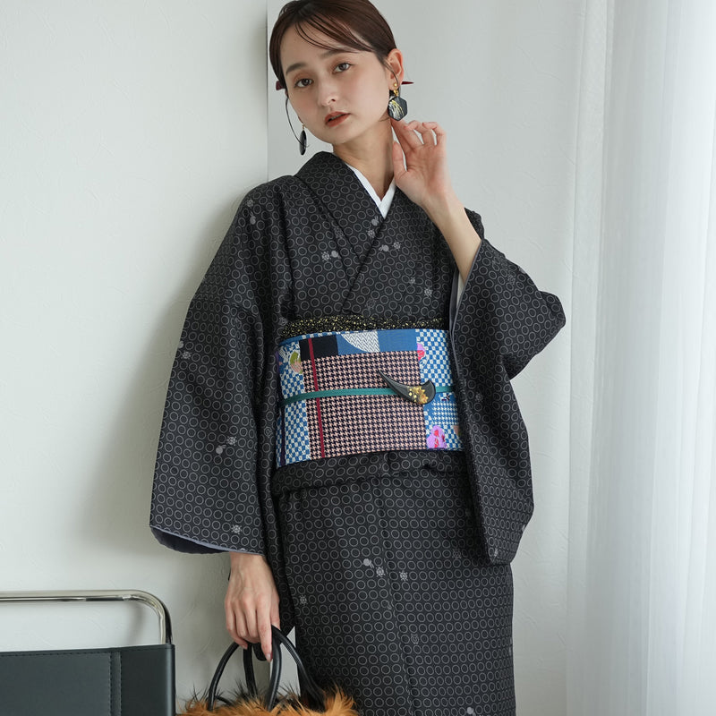 【袷着物　うさぎとかめ小紋・黒】きもの単品 カジュアル着物 Lサイズ ポリエステル着物 小紋 仕立て上がり（5144608001）