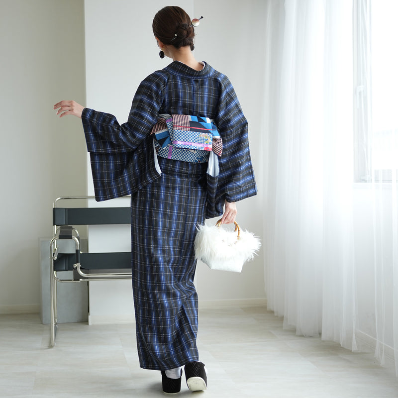 【袷着物　ブルー×ブラックのタータンチェック】きもの単品 カジュアル着物 Lサイズ ポリエステル着物 小紋 仕立て上がり（5144608101）