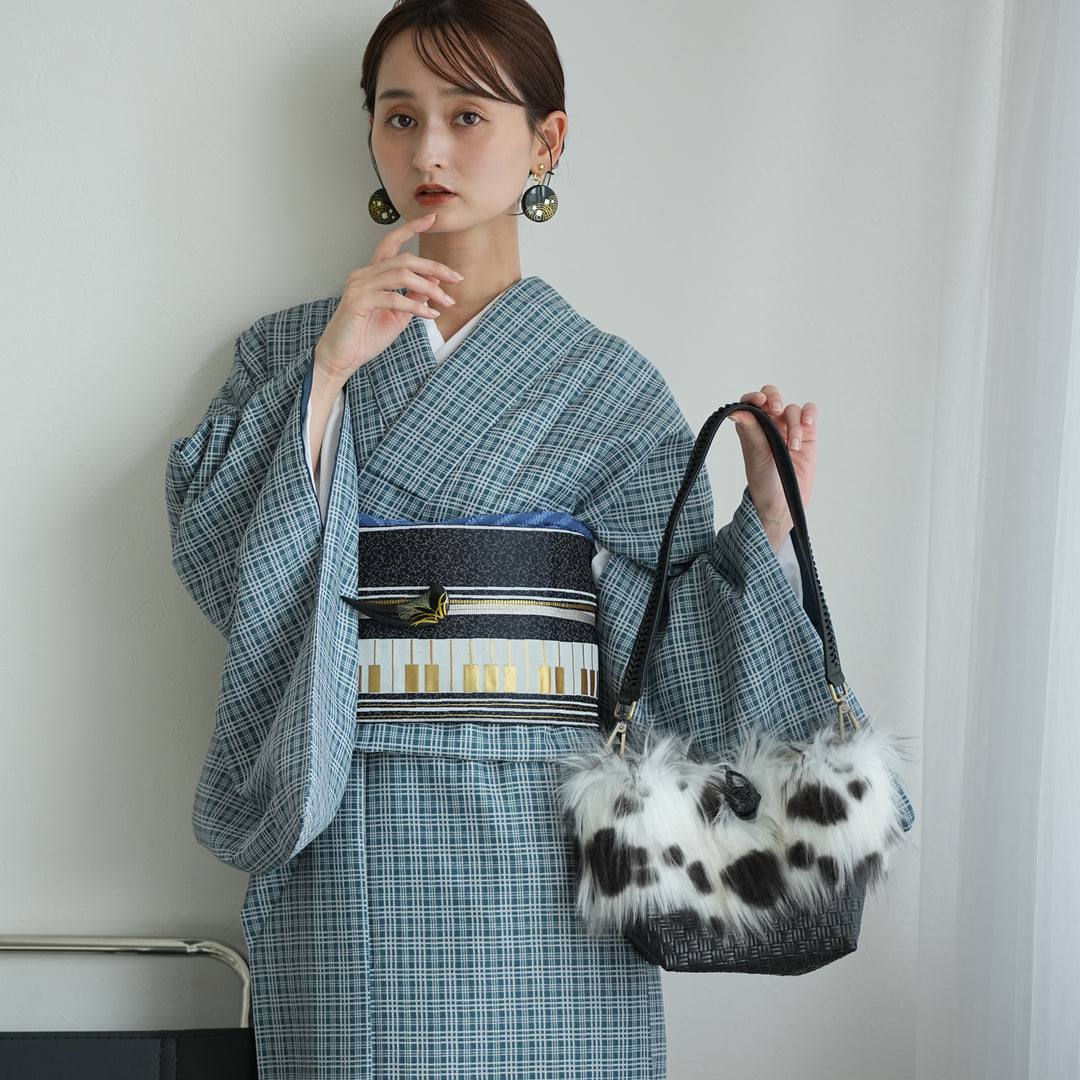袷着物 藍色のタータンチェック】きもの単品 カジュアル着物 M・L