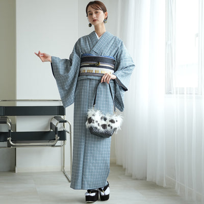 【袷着物　藍色のタータンチェック】きもの単品 カジュアル着物 M・Lサイズ ポリエステル着物 小紋 仕立て上がり（5144608301）