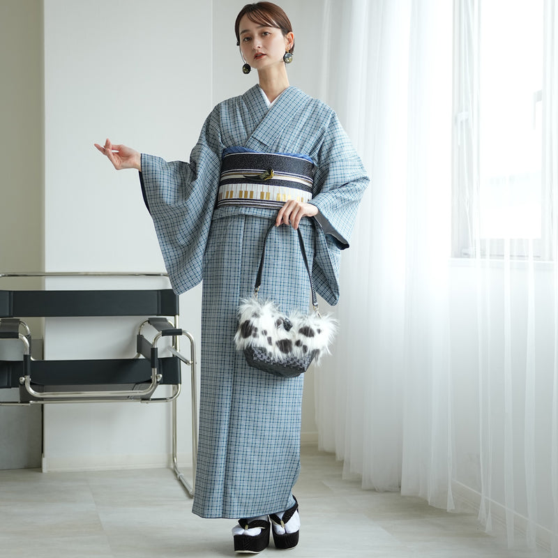【袷着物　藍色のタータンチェック】きもの単品 カジュアル着物 M・Lサイズ ポリエステル着物 小紋 仕立て上がり（5144608301）
