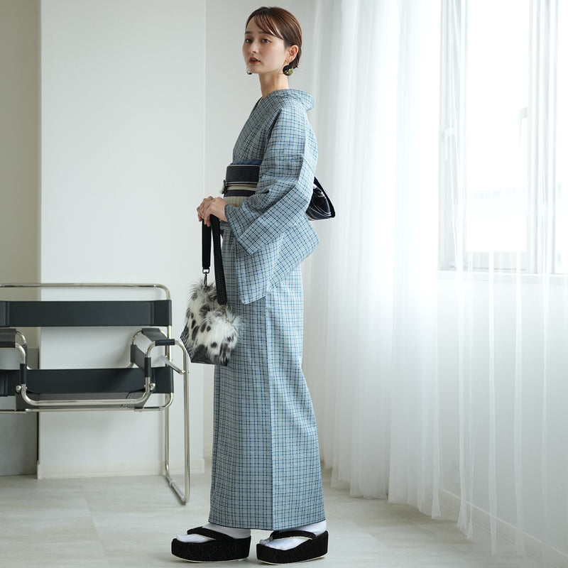 【袷着物　藍色のタータンチェック】きもの単品 カジュアル着物 M・Lサイズ ポリエステル着物 小紋 仕立て上がり（5144608301）