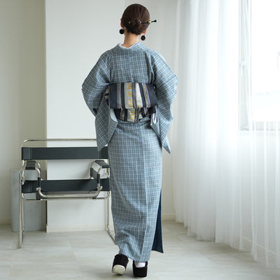 【袷着物　藍色のタータンチェック】きもの単品 カジュアル着物 M・Lサイズ ポリエステル着物 小紋 仕立て上がり（5144608301）