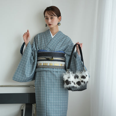 【袷着物　藍色のタータンチェック】きもの単品 カジュアル着物 M・Lサイズ ポリエステル着物 小紋 仕立て上がり（5144608301）