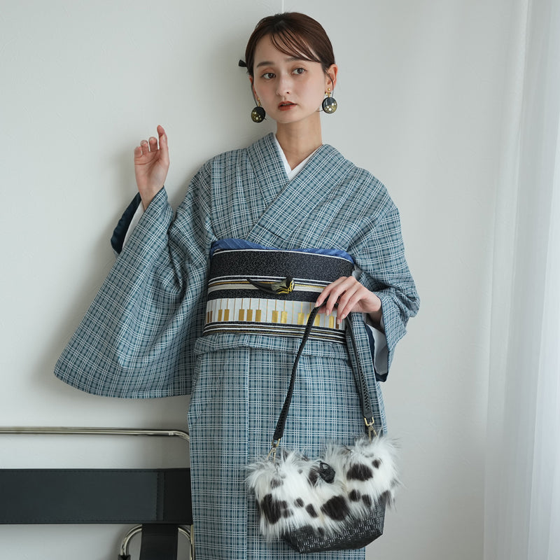 【袷着物　藍色のタータンチェック】きもの単品 カジュアル着物 M・Lサイズ ポリエステル着物 小紋 仕立て上がり（5144608301）