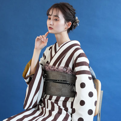 着物 単品 utatane 袷着物 日本製 半身 アイボリー 大粒ドットとモダン縞々 ミルク×チョコ 茶 （5146603500）