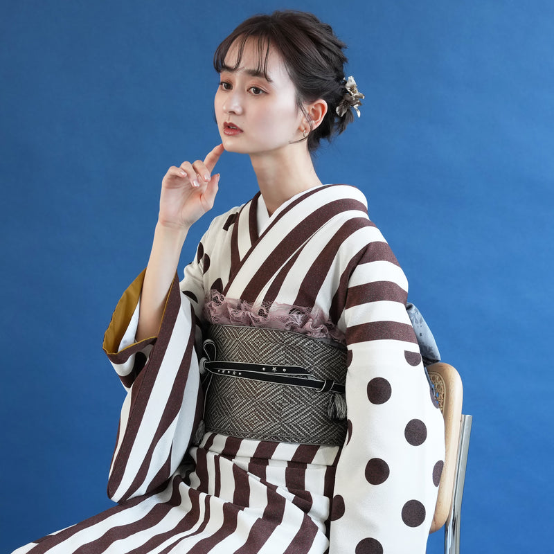 着物 単品 utatane 袷着物 日本製 半身 アイボリー 大粒ドットとモダン縞々 ミルク×チョコ 茶 （5146603500）