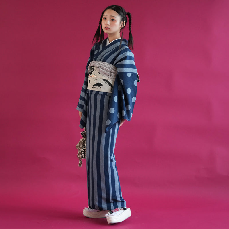 着物 単品 utatane 袷着物 日本製 半身 大粒ドットとモダン縞々 
