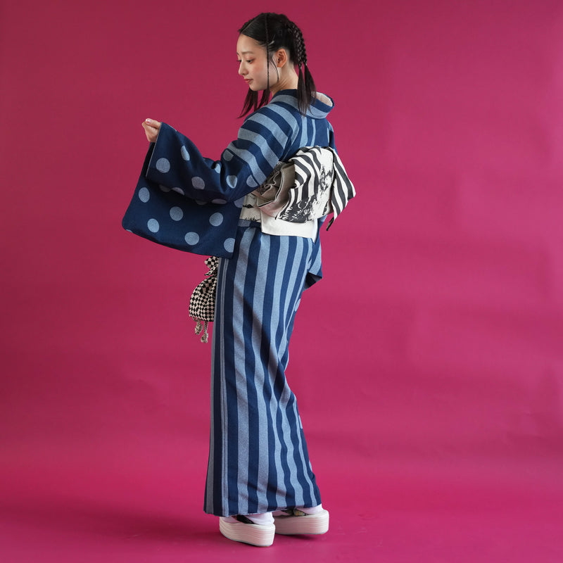 着物 単品 utatane 袷着物 日本製 半身 大粒ドットとモダン縞々 ネイビー×ブルー 紺 （5146603700）