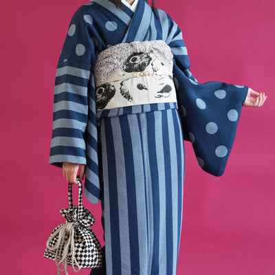 着物 単品 utatane 袷着物 日本製 半身 大粒ドットとモダン縞々 ネイビー×ブルー 紺 （5146603700）