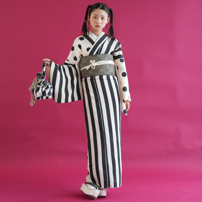 着物 単品 utatane 袷着物 日本製 半身 大粒ドットとモダン縞々 オフホワイト×ブラック 白 黒 （5146603800）