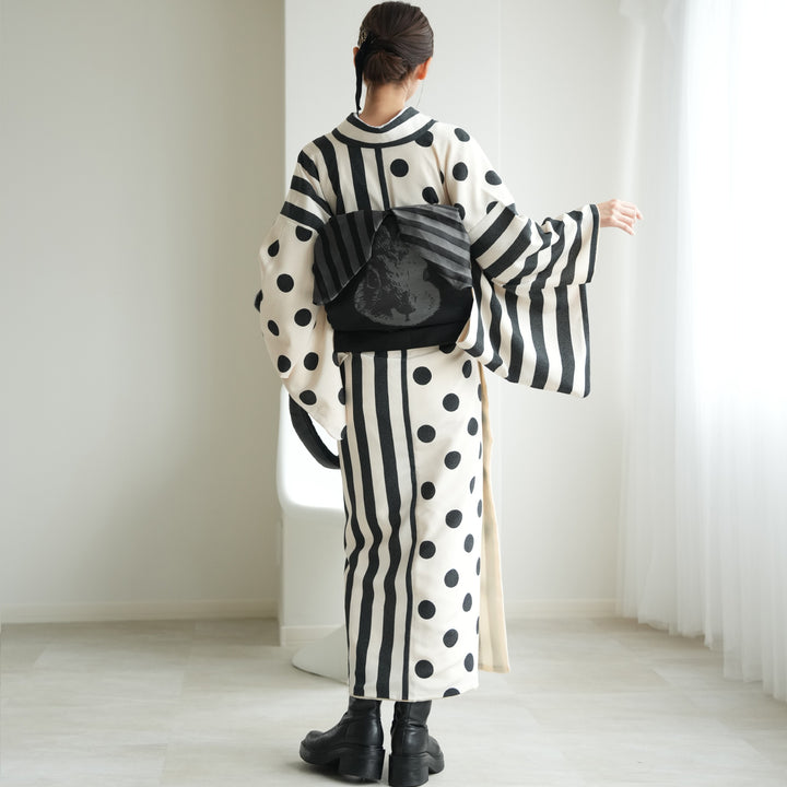 着物 単品 utatane 袷着物 日本製 半身 大粒ドットとモダン縞々