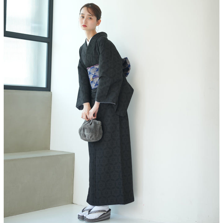 極美品 黒 花 日本製 洗える夏着物 小紋 洗える着物 小紋 袷 S M L 仕立て上がり 黒 クリーム ピンク 菊