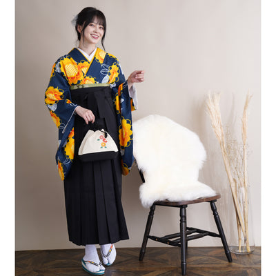 【リサイクル着物】二尺袖着物 単品  販売品 中古 USED 袴用 短丈  ネイビー 花柄 卒業式 ニコアンティーク（5175624800）【中古販売】