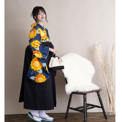 【リサイクル着物】二尺袖着物 単品  販売品 中古 USED 袴用 短丈  ネイビー 花柄 卒業式 ニコアンティーク（5175624800）【中古販売】