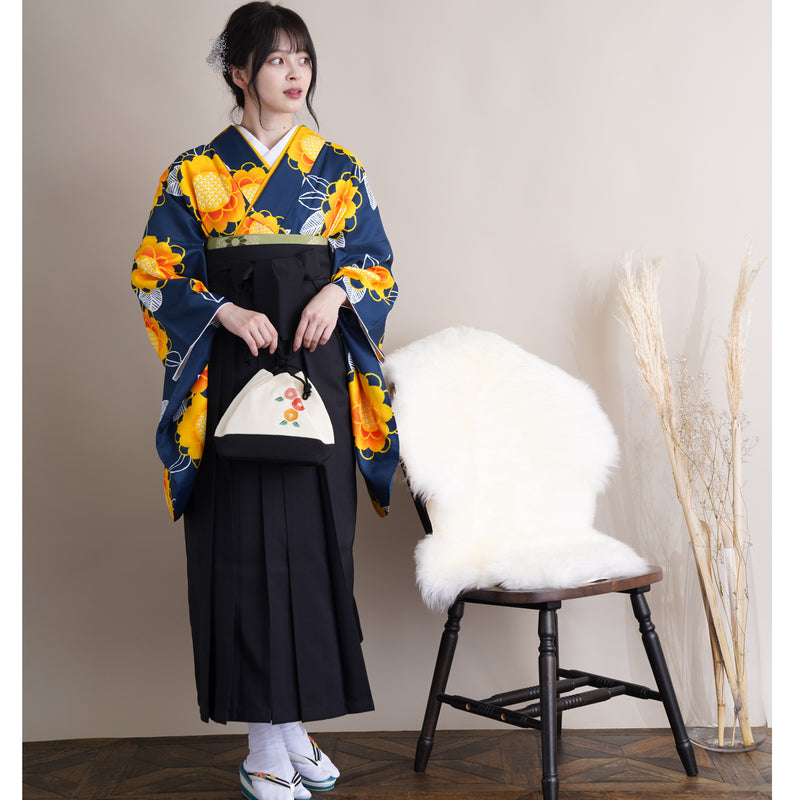 【リサイクル着物】二尺袖着物 単品  販売品 中古 USED 袴用 短丈  ネイビー 花柄 卒業式 ニコアンティーク（5175624800）【中古販売】