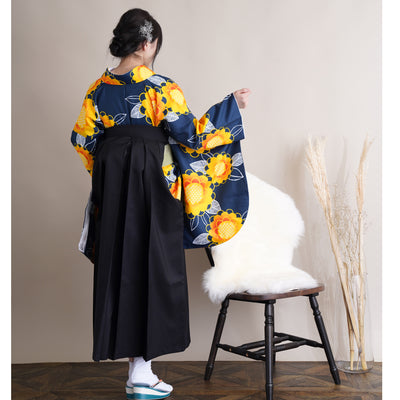 【リサイクル着物】二尺袖着物 単品  販売品 中古 USED 袴用 短丈  ネイビー 花柄 卒業式 ニコアンティーク（5175624800）【中古販売】