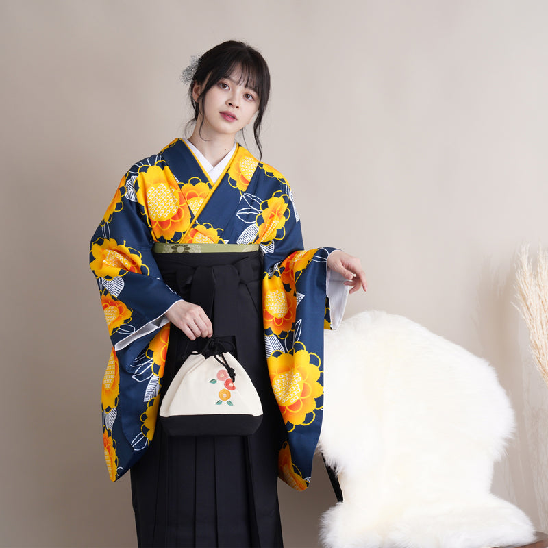 【リサイクル着物】二尺袖着物 単品  販売品 中古 USED 袴用 短丈  ネイビー 花柄 卒業式 ニコアンティーク（5175624800）【中古販売】