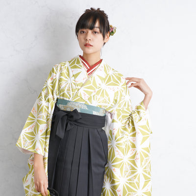 【リサイクル着物】二尺袖着物 単品  販売品 中古 USED 袴用 短丈  麻の葉 黄緑 卒業式 （5175630800）【中古販売】