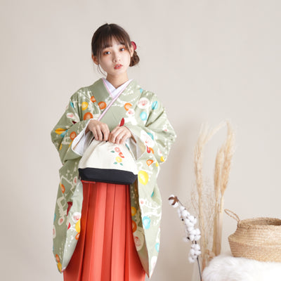 【リサイクル着物】二尺袖着物 単品  販売品 中古 USED 袴用 短丈  緑 花 レトロ 卒業式 ひよこ商店 （5175632600）【中古販売】