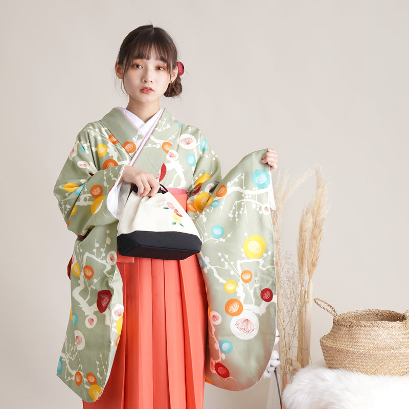 【リサイクル着物】二尺袖着物 単品  販売品 中古 USED 袴用 短丈  緑 花 レトロ 卒業式 ひよこ商店 （5175632600）【中古販売】