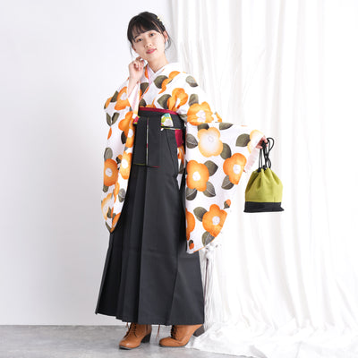 【リサイクル着物】二尺袖着物 単品  販売品 中古 USED 袴用 短丈 オレンジ 椿 卒業式 ひよこ商店 （5175660300）【中古販売】