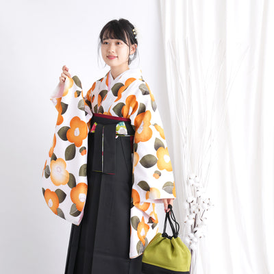 【リサイクル着物】二尺袖着物 単品  販売品 中古 USED 袴用 短丈 オレンジ 椿 卒業式 ひよこ商店 （5175660300）【中古販売】