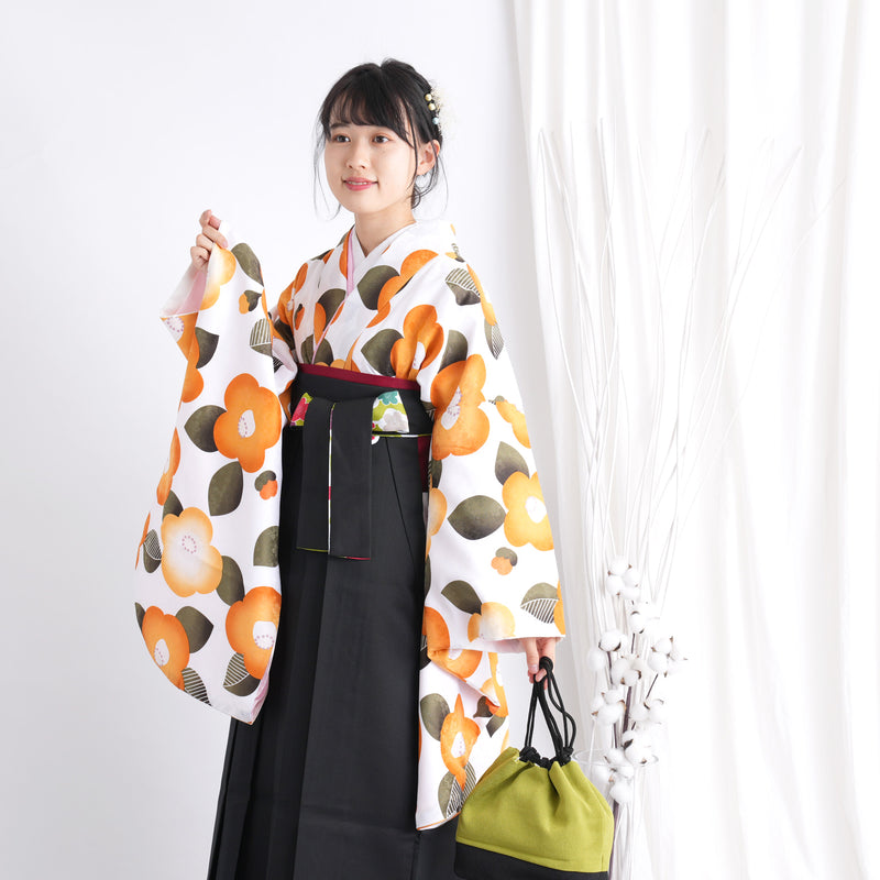 【リサイクル着物】二尺袖着物 単品  販売品 中古 USED 袴用 短丈 オレンジ 椿 卒業式 ひよこ商店 （5175660300）【中古販売】