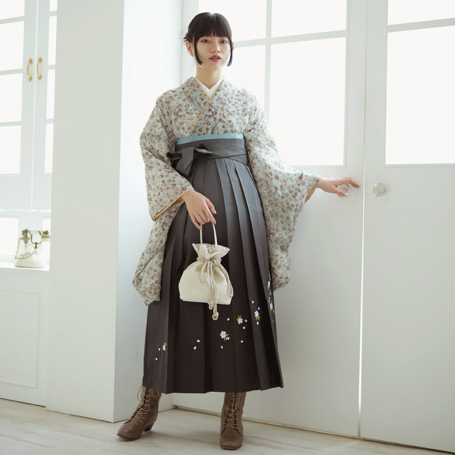 新品【格子ベージュにニュアンス椿 × LL】utatane ウタタネ 二尺袖 袴 レンタル】 袴 17点セット utatane 格子ベージュにえんじ椿 袴91cm