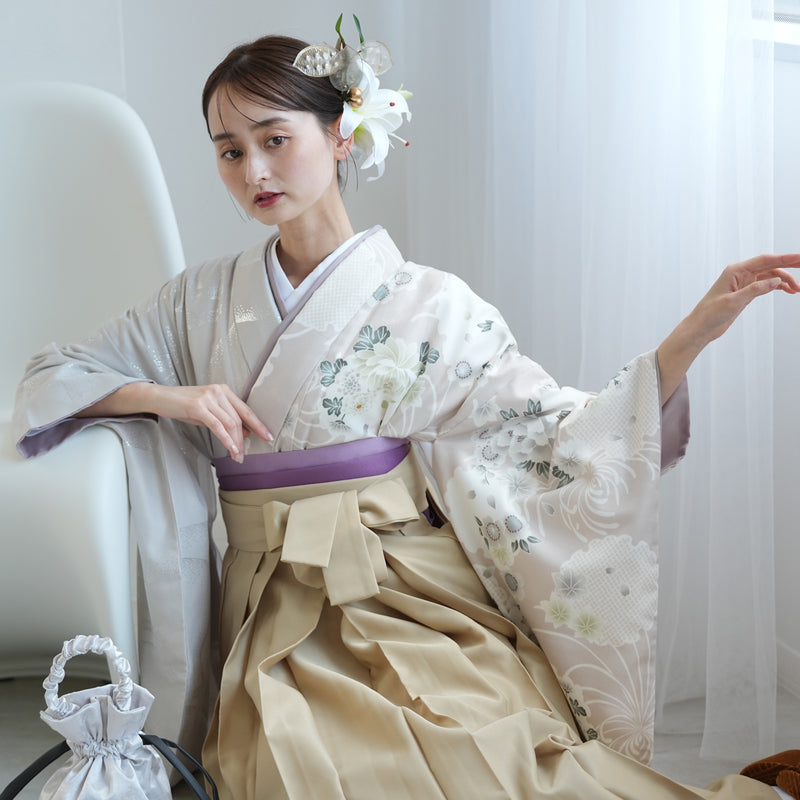 袴 2点セット 2尺袖着物 ひよこ商店 卒業式 販売 袴91cm（身長153-158cm） 半身 アイスグレー銀彩×グレージュ雪輪 重ね衿縫い付済 （5178721011）