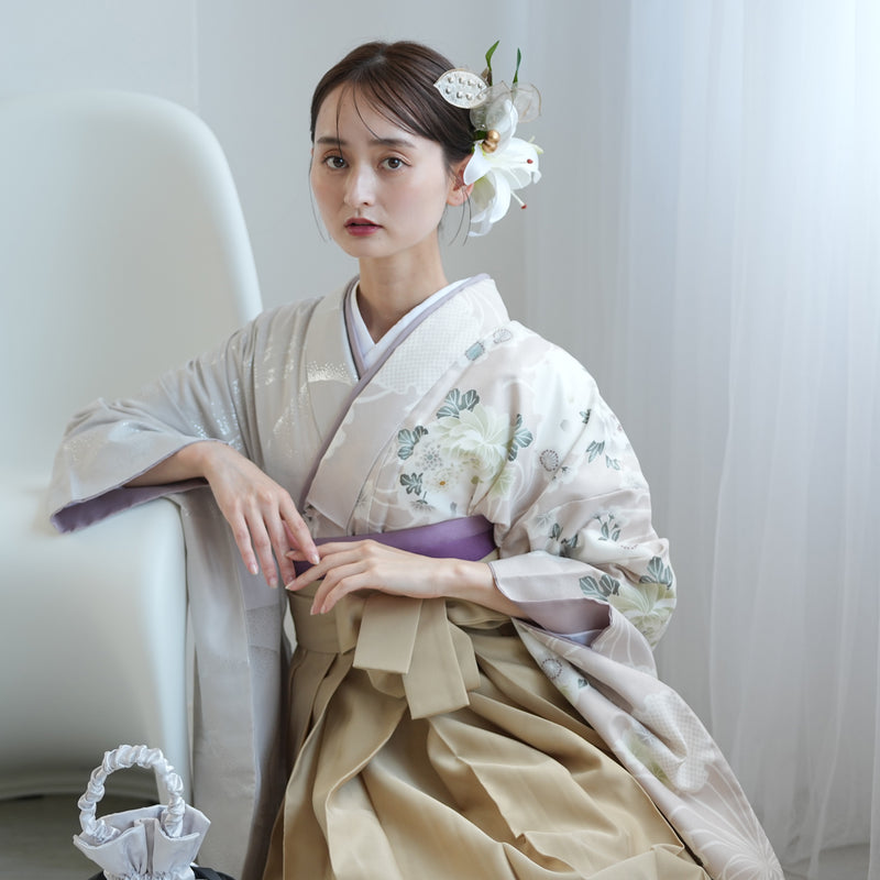 袴 2点セット 2尺袖着物 ひよこ商店 卒業式 販売 袴91cm（身長153-158cm） 半身 アイスグレー銀彩×グレージュ雪輪 重ね衿縫い付済 （5178721011）