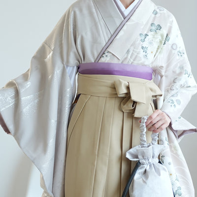 袴 2点セット 2尺袖着物 ひよこ商店 卒業式 販売 袴91cm（身長153-158cm） 半身 アイスグレー銀彩×グレージュ雪輪 重ね衿縫い付済 （5178721011）
