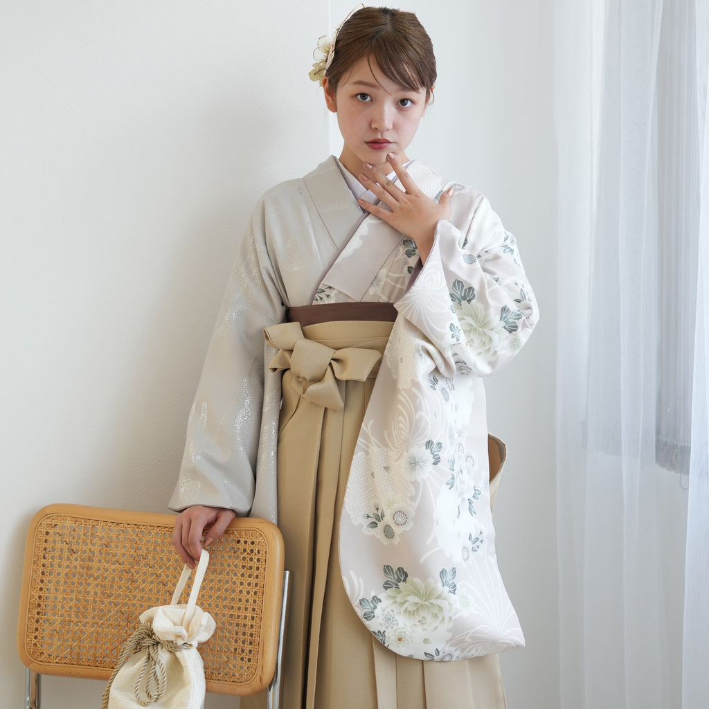 アイボリー×モカブラウン 袷 格子 お召 袖のみ仕付け糸付き 美品