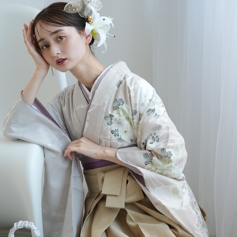 袴 2点セット 2尺袖着物 ひよこ商店 卒業式 販売 袴91cm（身長153-158cm） 半身 アイスグレー銀彩×グレージュ雪輪 重ね衿縫い付済 （5178721011）