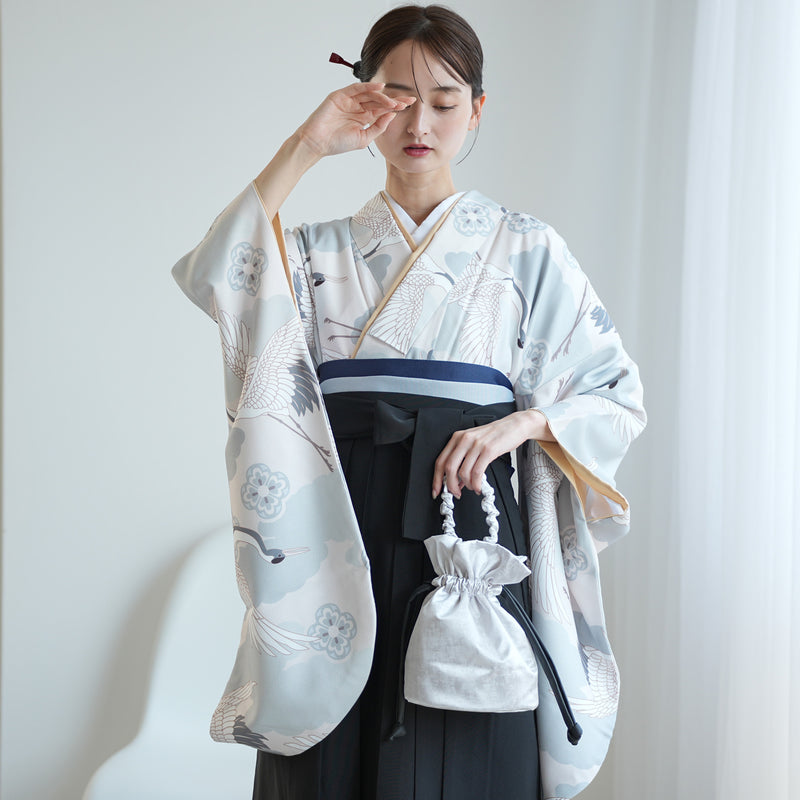 袴 2点セット 販売品 2尺袖着物  袴91cm（身長153-158cm）ミント吉祥鶴 重ね衿縫い付済 ひよこ商店 卒業式にも（5178725311）